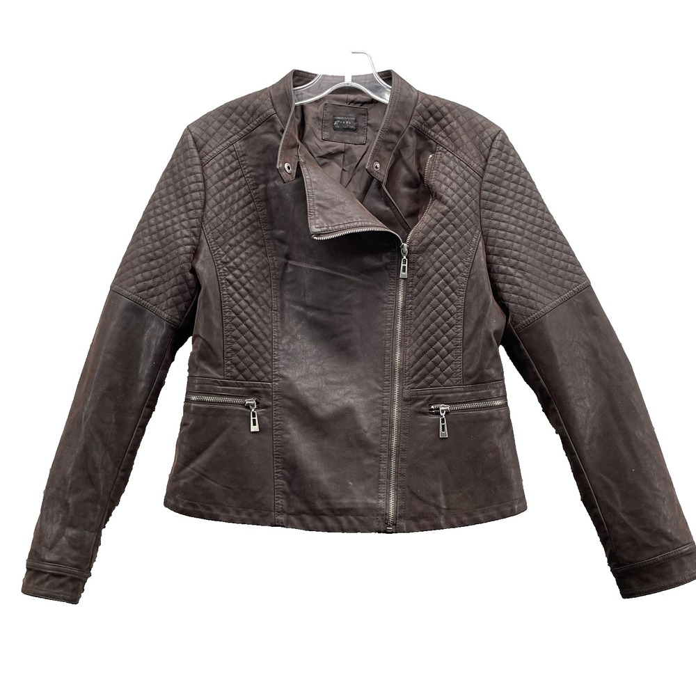 Fornia Biker Jacket Womens Medium Brown Vegan Leather Quilted Moto Riding Flight